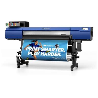 Roland large format printer producing colorful roll graphics