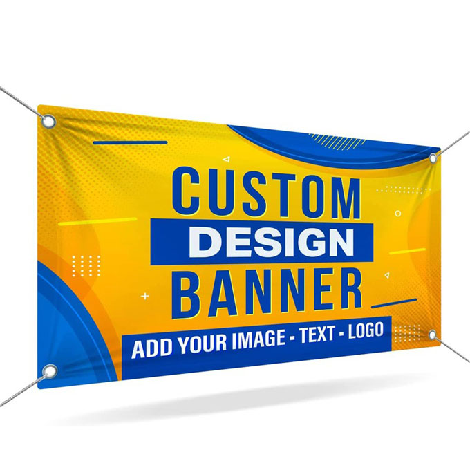 Custom yellow and blue banner with reinforced grommets